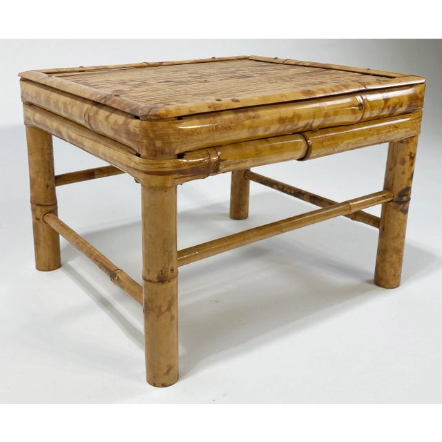 Vintage low rectangular burnt tortoise shell bamboo drinks table, low stool, stand or riser. Measures 14.25"W x 12.25"L x...
