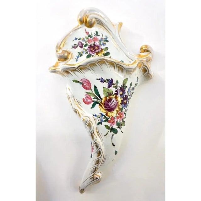 1870s Antique French Faience Pottery White Pink Gold Flower Holder Wall Pocket For Sale - Image 12 of 12