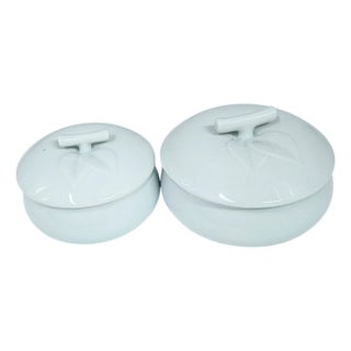 Vintage Korean Celadon Blue Serving Bowls Set W/ Lids Grapes Leaf Pattern 2 Pc For Sale