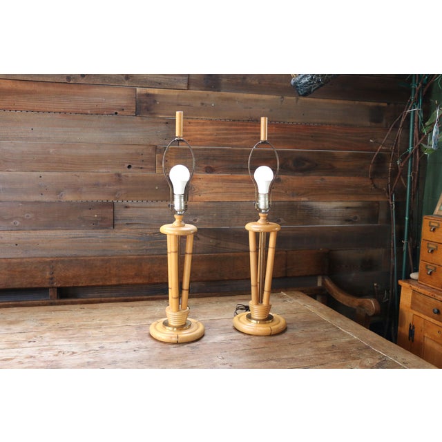 Wood 1950s Heywood-Wakefield Bamboo Style Table Lamps | Pair of Mid Century Modern Wood Lamps For Sale - Image 7 of 18
