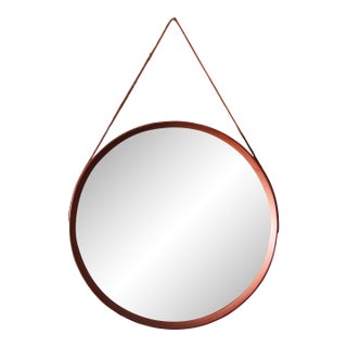 1950s Danish Mid Century Modern Round Solid Teak Mirror With Leather Strap 31" For Sale
