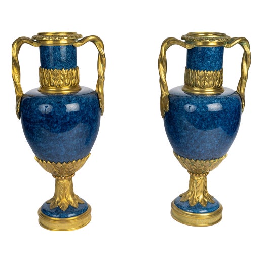 Louis XVI Blue Ceramic and Gilded Bronze Vases, Set of 2 For Sale