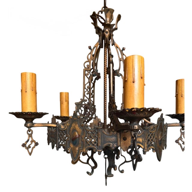 Antique Spanish Revival 5 Light Chandelier With Original Polychrome Paint For Sale - Image 10 of 13