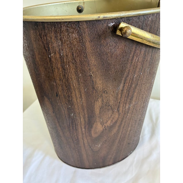 Mid 20th Century Vintage Faux Woodgrain Mid-Century Wastebasket With Brass Handle For Sale - Image 5 of 10