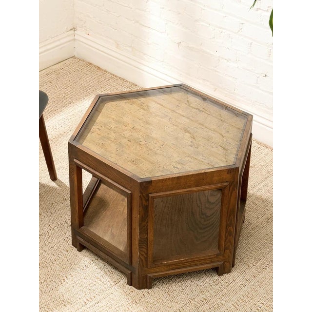 Vintage Hexagonal Wood Side Table With Glass Top For Sale - Image 4 of 9