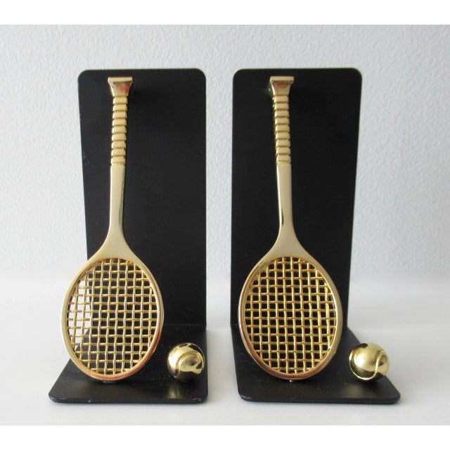 1980s C.1980's Brass Tennis Racket & Ball Bookends With Black Satin Metal Backs -Made Exclusively for Lord & Taylor For Sale - Image 5 of 13