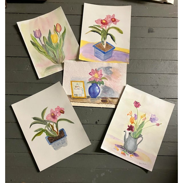 Blue 1970’s Gallery Wall Collection 5 Impressionist Floral Still Life Watercolor Paintings -Set of 5 For Sale - Image 8 of 8