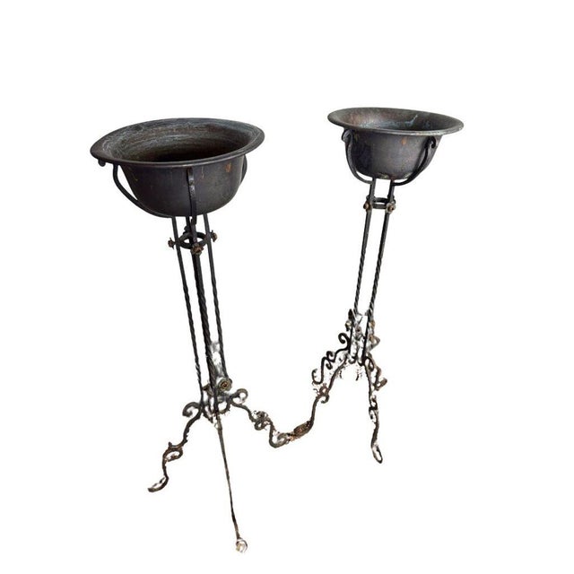 Antique Wrought Iron Plant Stands With Pot - Set of 2 For Sale - Image 4 of 12