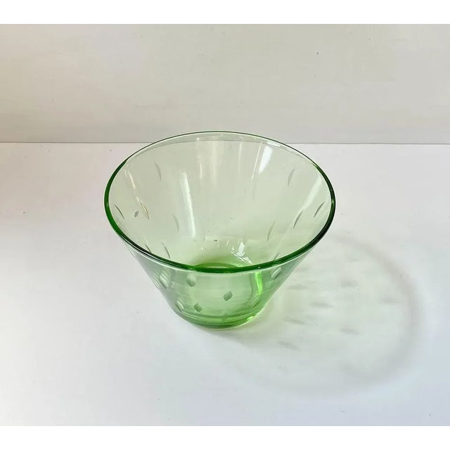 Exceptionally rare green uranium semi-conical glass bowl by jacob e. Bang in his 'no name' art glass series for...