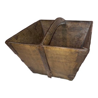 Antique 1900s Chinese Rice / Grain Wooden Basket Square Rustic Bucket For Sale
