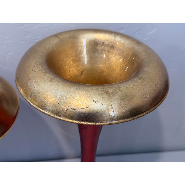 Pair of Alan Lee Collection Metallic Red & Gold Leaf Glass Trumpet Vases - Staggered Set For Sale - Image 4 of 12
