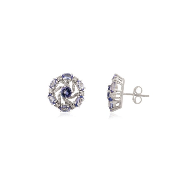 Not Yet Made - Made To Order Mid-Century Solid Silver Tanzanite & Diamond Swirl Cluster Stud Earrings- 2 Pieces For Sale - Image 5 of 10