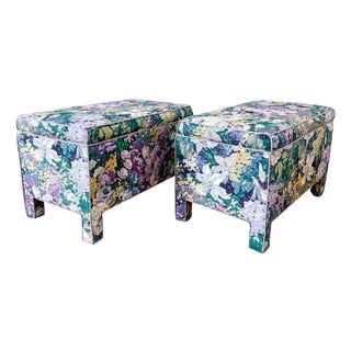 Pair of Vintage Impressionist Floral Upholstered Parsons Style Bench Ottomans For Sale