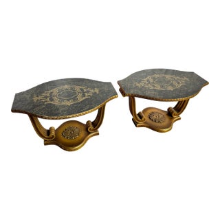Vintage Italian Glass Top Hand Painted Guilt Side Tables - A Pair For Sale