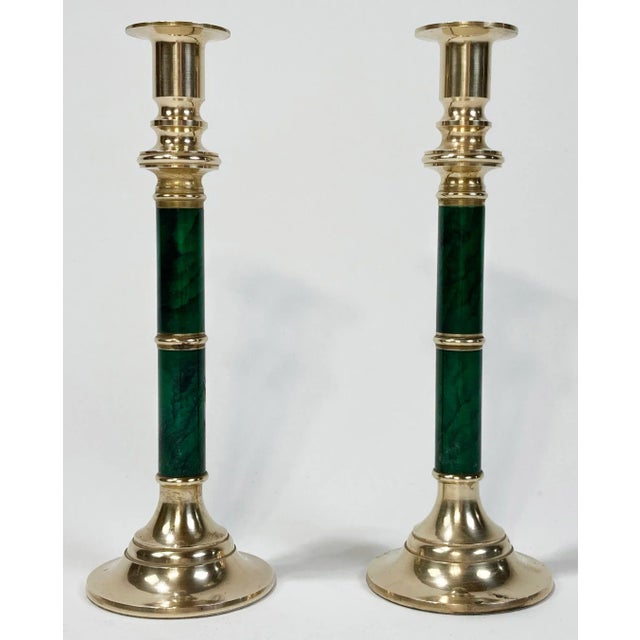Tall pair of vintage brass candlesticks featuring rich green faux malachite finish to columns. Patina to brass is stronger...