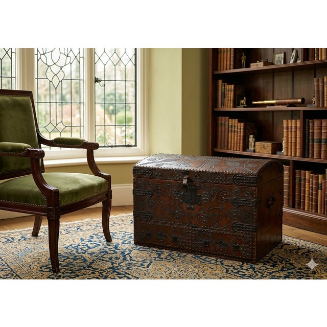 English Charles II Wrought-Iron Mounted Brass-Studded Leather Coffer Trunk With Drawers For Sale - Image 3 of 12