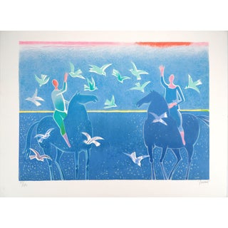 Albert Zavaro, Les cavaliers à la plage, Lithograph For Sale