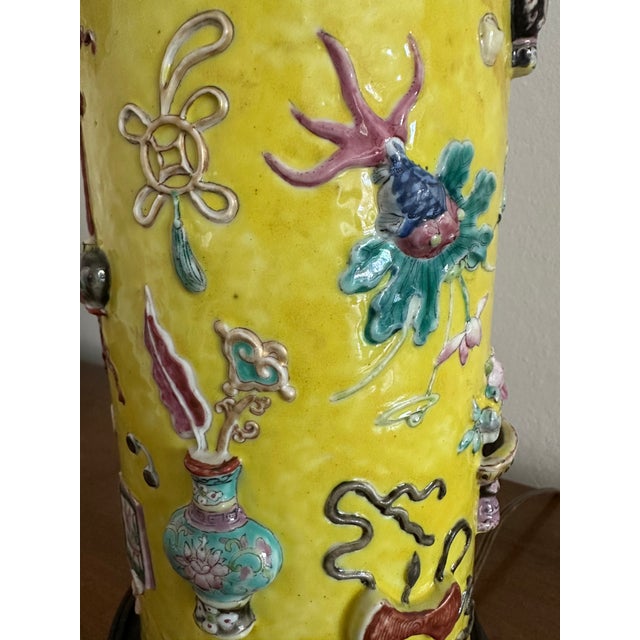 Chinese Antique Chinese Famille Rose Yellow Lamp Relief Decorated Vase For Sale - Image 3 of 18