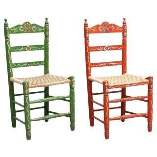 Rustic Traditional Hand Painted Wood Chairs, 1940s, Set of 2 For Sale