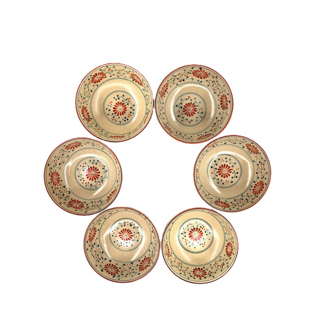 Asian Modern Bat Trang Vietnamese Ceramic Soup Bowls With Hand Painted Red Blue Floral Motif - Set of 6 For Sale - Image 9 of 11