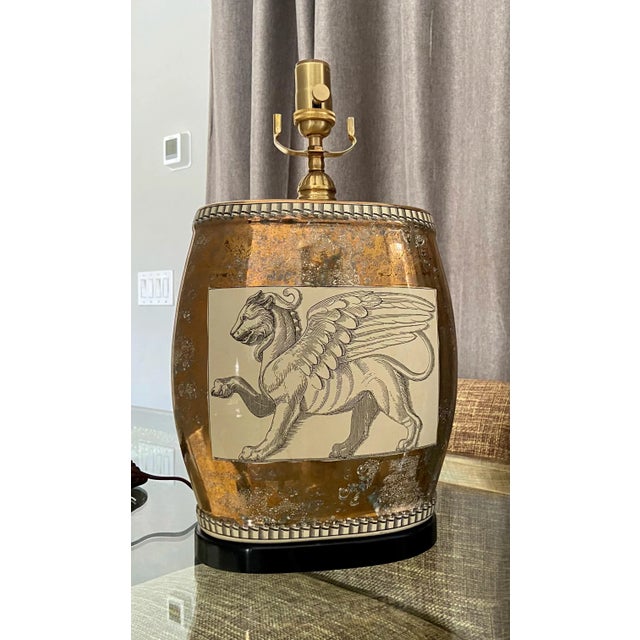 Single Griffin Lion Motif Porcelain Table Lamp For Sale In Palm Springs - Image 6 of 13