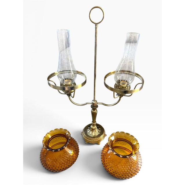 Large Vintage Deena Products Co. #267 Brass Twin-Arm Hurricane Lamp With Amber Hobnail Glass For Sale In Portland, ME - Image 6 of 8