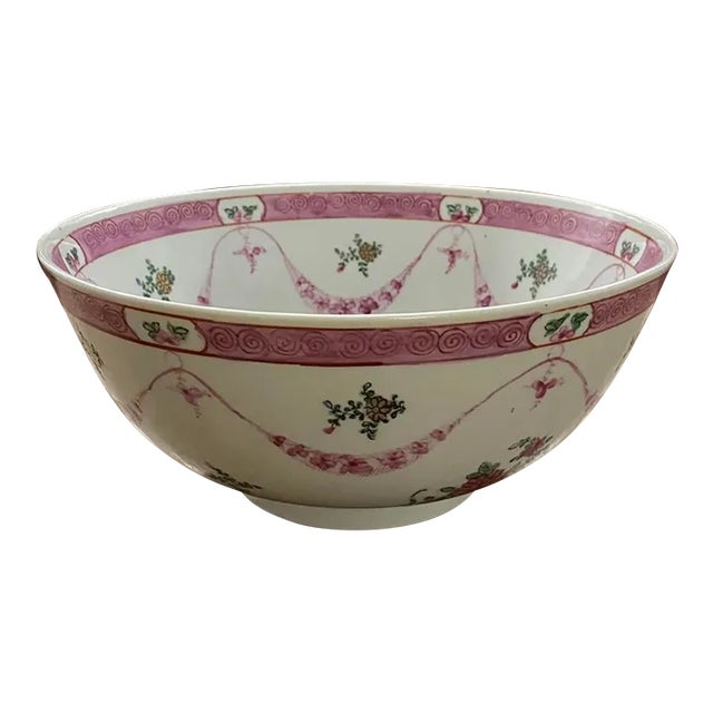 Late 20th Century Japanese Porcelainware Pink and Green Ribbon Style Floral Swag Centerpiece Bowl For Sale
