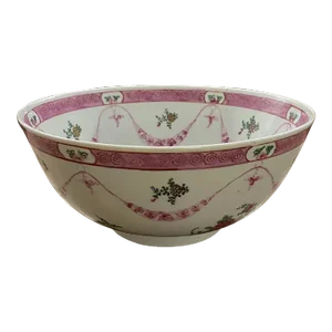 Late 20th Century Japanese Porcelainware Pink and Green Ribbon Style Floral Swag Centerpiece Bowl