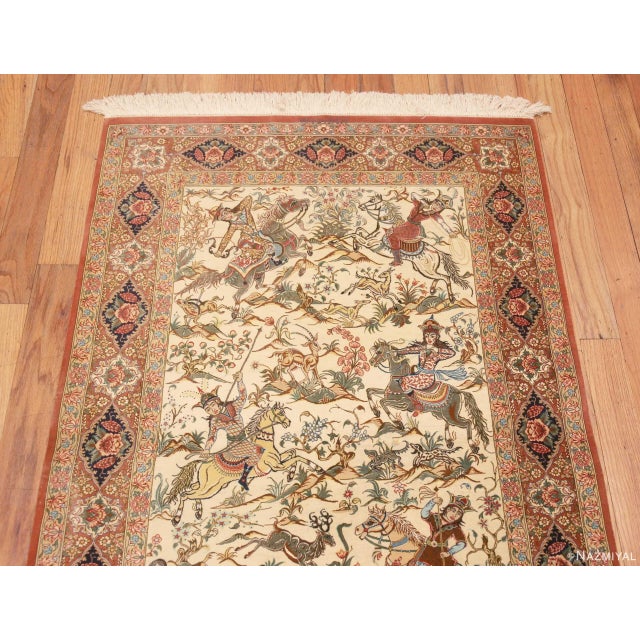 Persian Nazmiyal Collection 1950s Pictorial Hunting Scene Vintage Persian Silk Qum Rug For Sale - Image 3 of 8