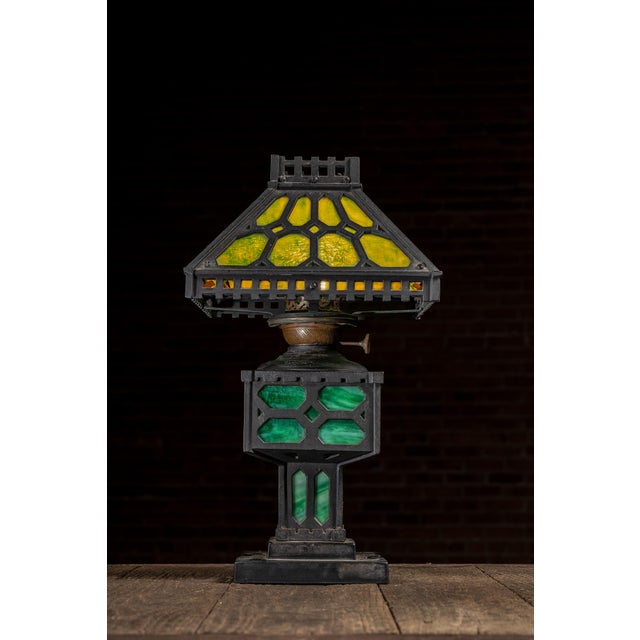 Early 20th Century Early 20th Century Arts and Crafts Green Slag Glass and Cast Iron Table Lamp For Sale - Image 5 of 9