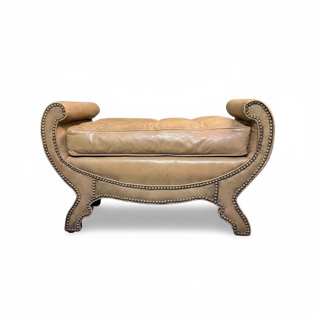 Century Furniture Neoclassical Saddle Color Leather and Brass Bench or Ottoman by Century For Sale - Image 4 of 5