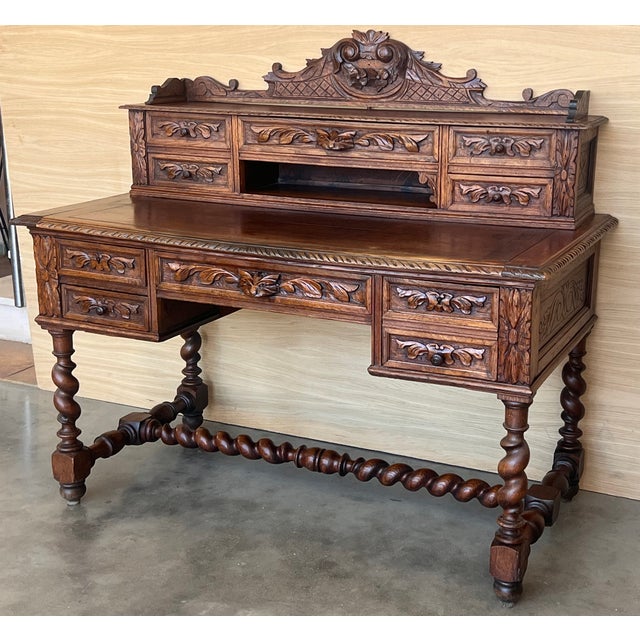 Baroque Antique Spanish Oak Desk, 1900 For Sale - Image 3 of 10