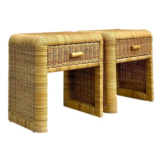 Vintage Coastal Woven Rattan Nightstands - a Pair For Sale