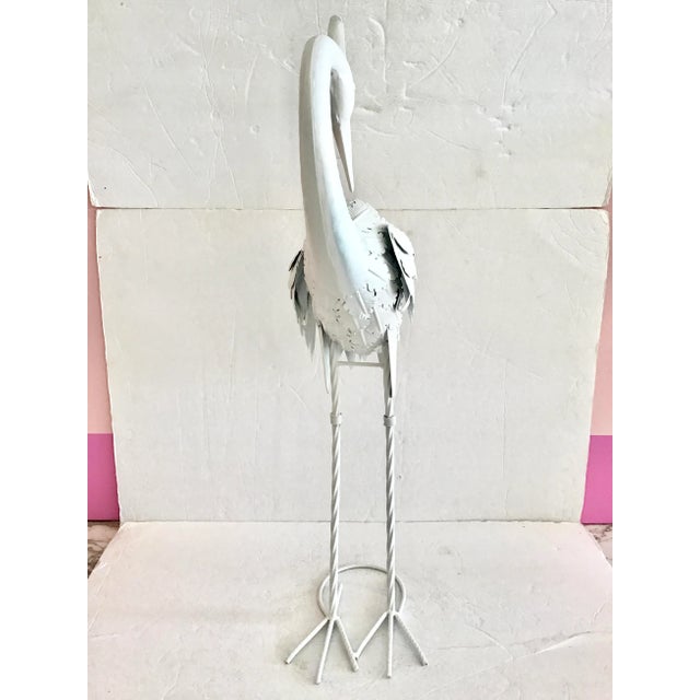Boho Chic Small White Lacquered Metal Statue of a Stork Looking Back and Down For Sale - Image 3 of 8