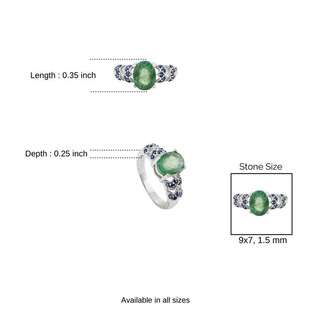 Elegant 925 Sterling Silver 9x7 Oval Emerald & Blue Sapphire Wedding Ring - Size 7 For Sale - Image 9 of 11