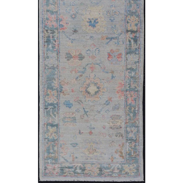 Gray Hand Knotted Modern Oushak Runner on Light Gray Field and Colorful Motifs For Sale - Image 8 of 11