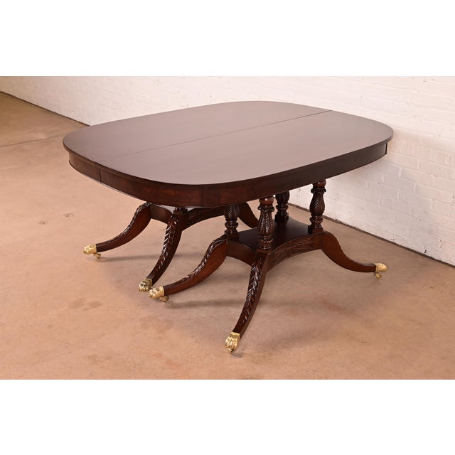 Baker Furniture Style Georgian Mahogany Double Pedestal Extension Dining Table, Newly Refinished For Sale - Image 9 of 15