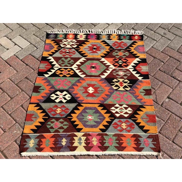 1960s Vintage Colorful Turkish Kilim Rug - 38.5" X 47" For Sale - Image 9 of 9