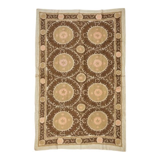Large Cotton Suzani From Samarkand Uzbekistan, 1930s Suzani Terracotta Wall Hanging Tapestry - Neutral Uzbek Bedspread For Sale