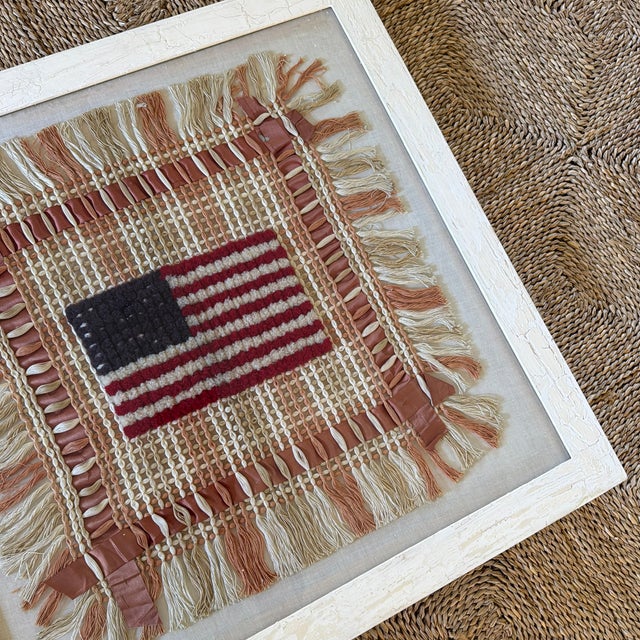 Vintage American Folk Art Fiber Textile Flag, Framed, 29” Square For Sale - Image 9 of 12