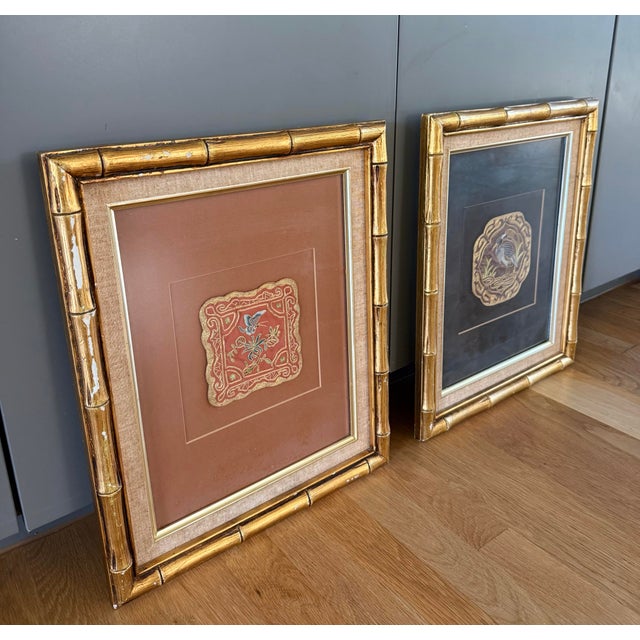 Pair of Vintage Framed Chinese Textile Art in Faux Bamboo Frames For Sale - Image 9 of 13