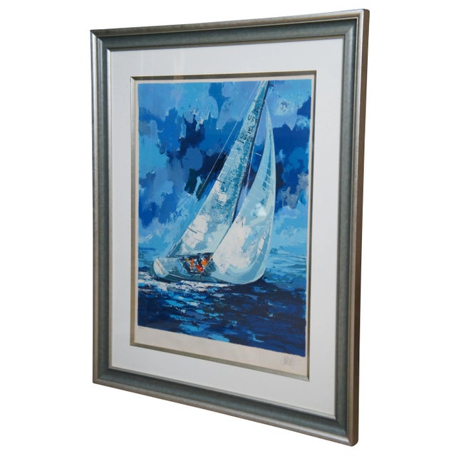 "Vintage 1977 limited edition seascape serigraph print of “America’s Champion I” sailboat on blue water, pencil signed and...