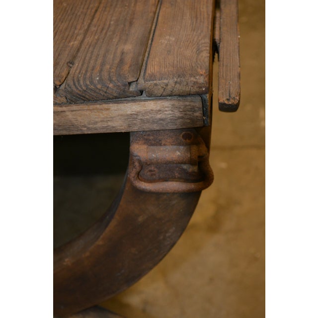 1930s Vintage Wooden Slat Top Farmhouse Dining Table W/Drop Leaves & Iron Loops - On Castors For Sale - Image 6 of 12
