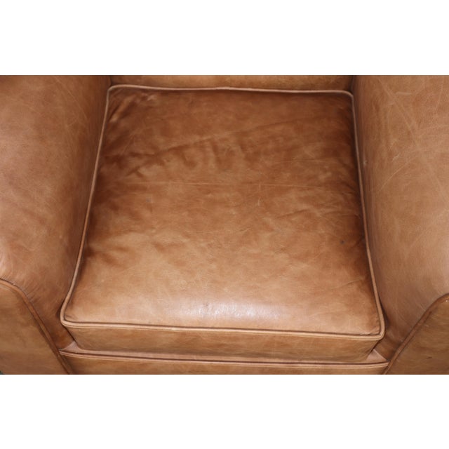 Art Deco Pair Restored French Art Deco Style Leather Distressed Moustache Club Chairs For Sale - Image 3 of 14