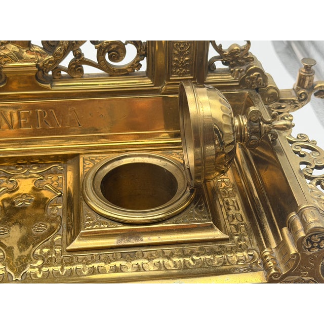 Brass Late 19th Century Ornate Neoclassical Style Brass Double Inkwell Desk Set - "Minerva" & "Medusa" For Sale - Image 8 of 16