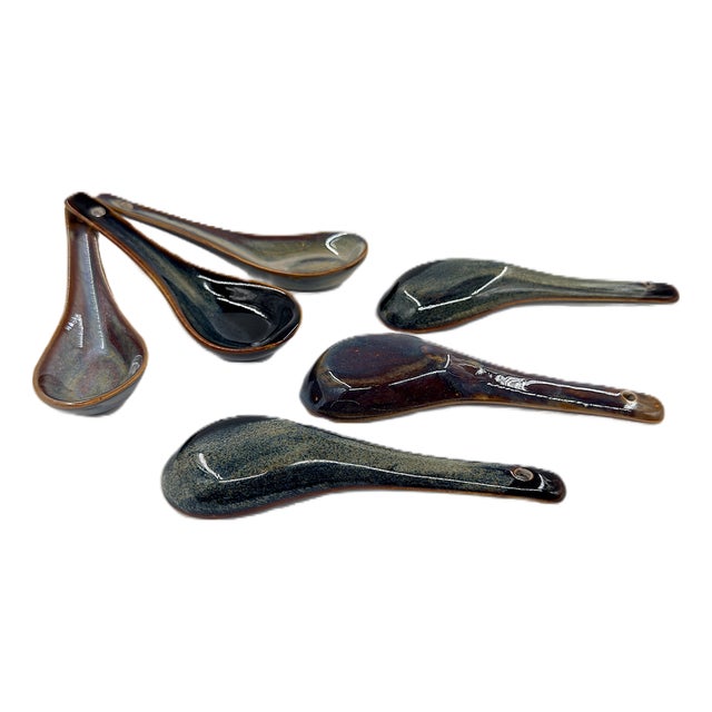 Asian Modern Vietnamese Ceramic Soup Spoons Hand Painted in Multicolor Stoneware - Set of 6 For Sale