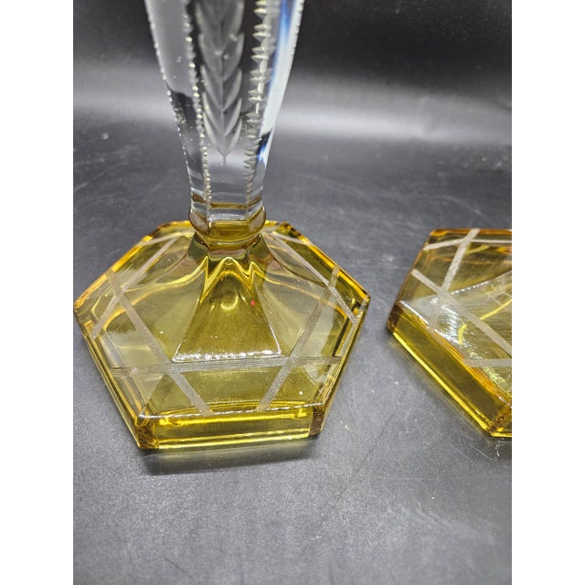 Pair, Vintage Etched Yellow and Transparent Glass Candles Holders For Sale - Image 4 of 5