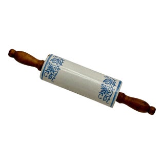 Unusual Antique American Wood Handle Stoneware Kitchen Rolling Pin With 4 Blue Wildflower Decorations For Sale