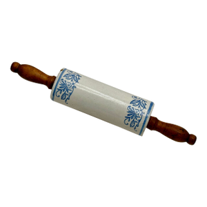 Unusual Antique American Wood Handle Stoneware Kitchen Rolling Pin With 4 Blue Wildflower Decorations