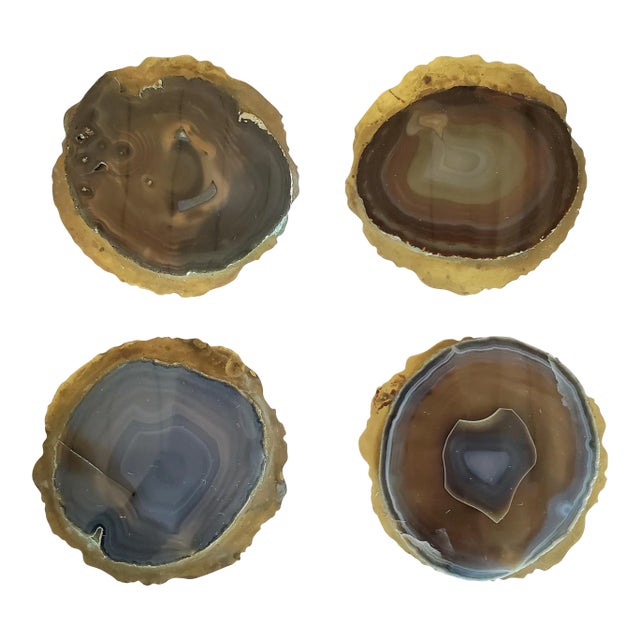 Early 21st Century Brenda Houston Brown and Blue Agate and Brass Coasters - Set of 4 For Sale